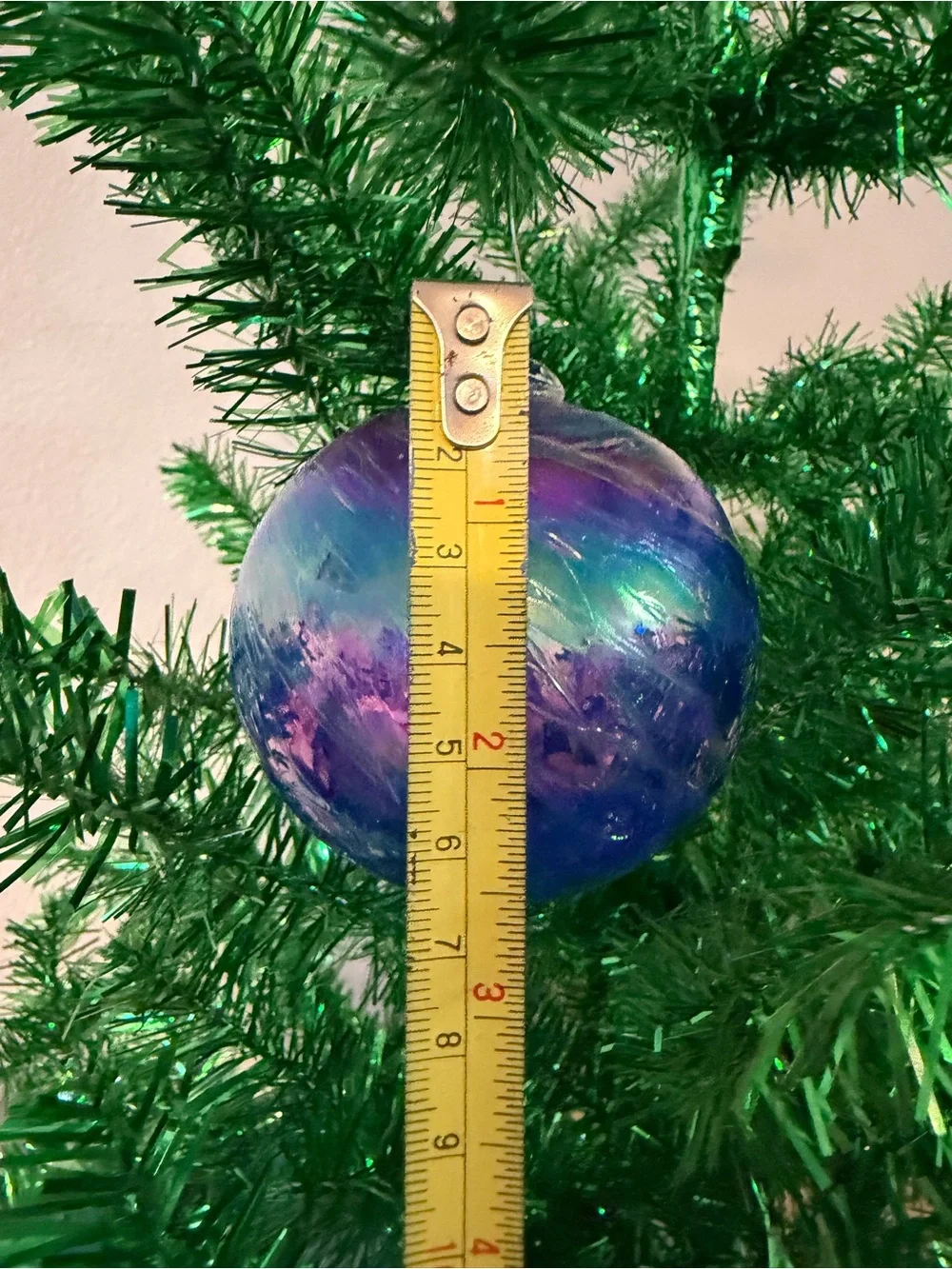 Iridescent Blue Glass Christmas Bauble Ornament Medium Swirl Stripe Hanging